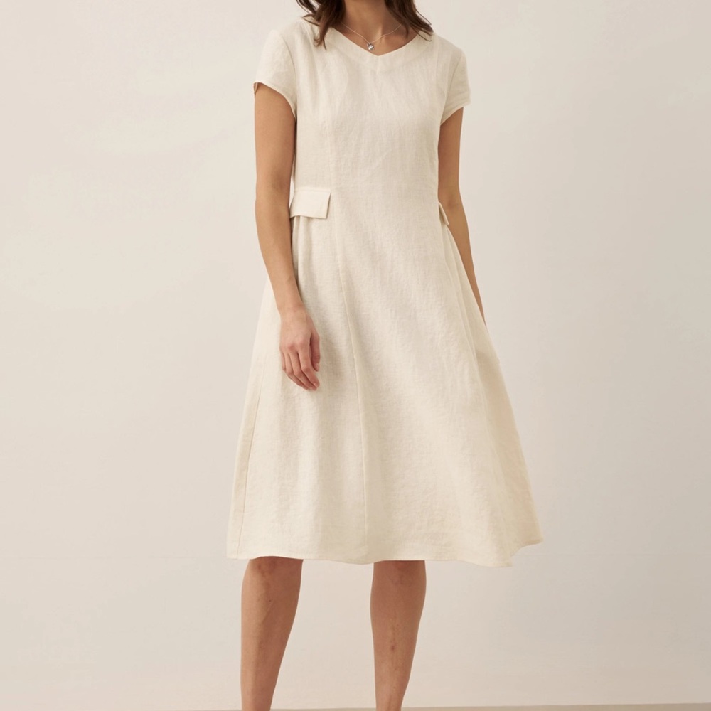 Cream A-Line linen Midi Dress with V-Neck